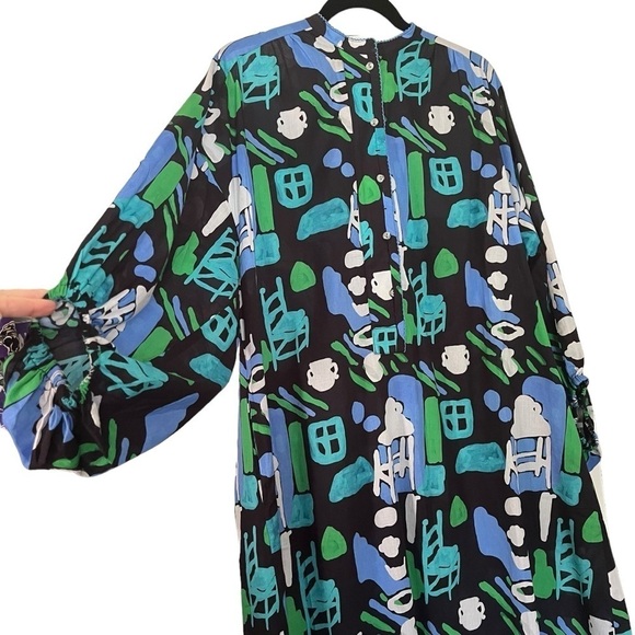 De Loreta Josefa maxi trapeze dress in Arcilla Azul print with balloon sleeves - Picture 6 of 14